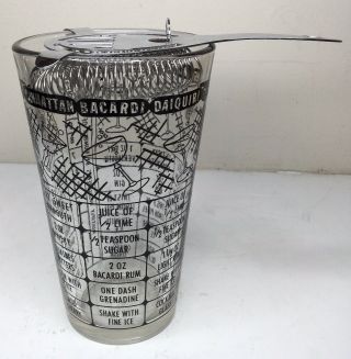 Vintage Federal Glass Cocktail Mixer Shaker Bar Drink Recipes & Strainer