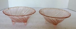 (2) Vintage Pink Depression Swirl Glass 3 Footed Bowl Scalloped Edge Euc