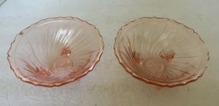 (2) Vintage Pink Depression Swirl Glass 3 Footed Bowl Scalloped Edge EUC 2