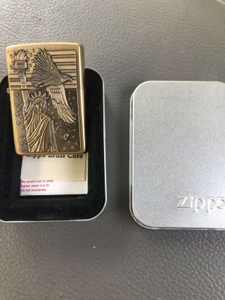 Rare 2000 Liberty Soaring Eagle Brass Zippo Lighter W/tin Box & Papers - Unfired