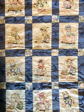Nursery Rhymes Vintage Baby Blanket Quilt Crib Blue Vintage Handmade 45”x29”