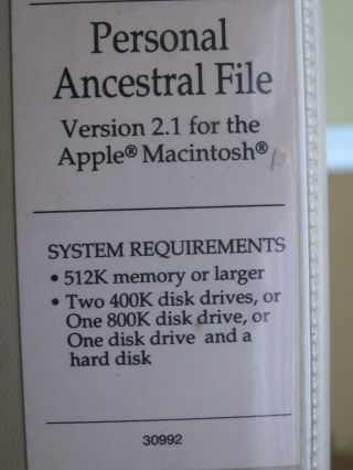 Personal Ancestral File Release 2.  1 For Apple Macintosh W/ 3.  5 " Floppy Disks