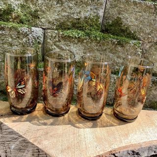 Vintage Butterfly And Flowers Drinking Beverage Glasses Smoke Brown Set Of 4