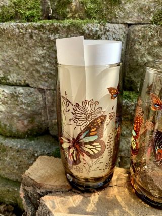 Vintage Butterfly and Flowers Drinking Beverage Glasses Smoke Brown Set of 4 2