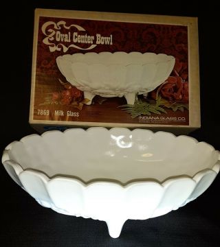 Vintage Indiana Harvest Grape Milk Glass Oval Fruit Footed Bowl W/box,  Usa