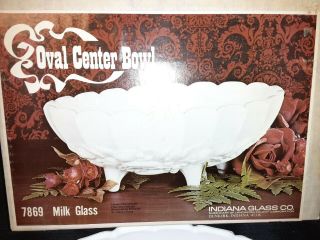 Vintage Indiana Harvest Grape Milk Glass Oval Fruit Footed Bowl W/Box,  USA 3