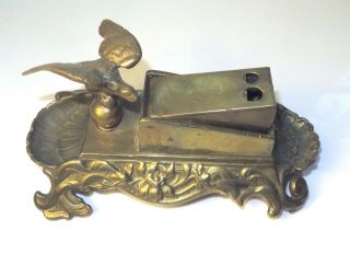 Antique Vintage Brass Bronze Counter Top Cigar Cutter Flying Eagle & Ashtray 2
