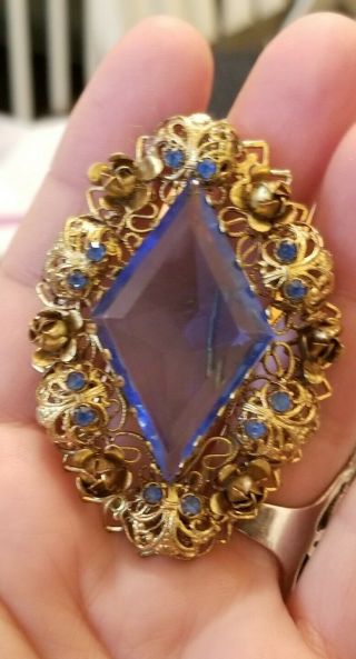 Antique Victorian Large Shawl Pin Brooch Gold Brass Blue Crystal Stone