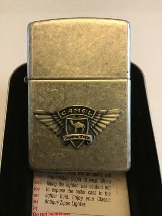 Camel Zippo Biker Wings Antique Silver Plate Wings Emblem Z458 Made In 1999