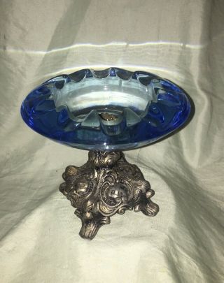 Vintage Blue Glass Cigar Ashtray With Ornate Cast Metal Base