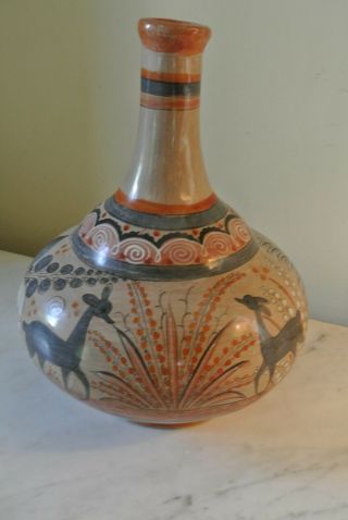 Vintage Large 12” X 9 " Mexican Tonala Deer Plants Art Pottery Vase
