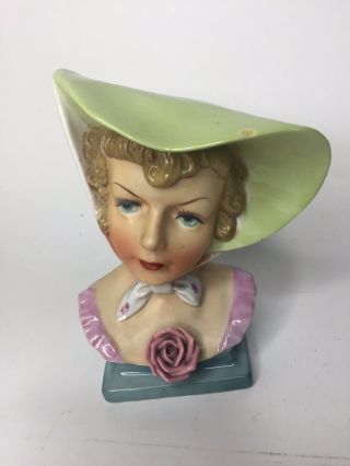 Ucagco Vintage 6” Lady Head Vase Hand Painted With Green Hat & Pink Rose Japan