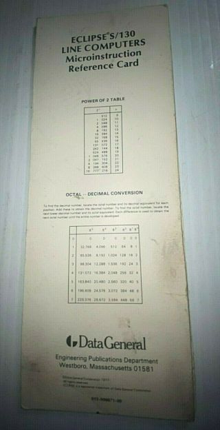 1977 Data General Eclipses/130 Line Computers Microinstruction Reference Card