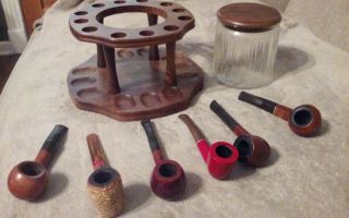 Vintage Walnut Wood Smoking Pipe Stand With Humidor And 6 Vintage Carved Pipes
