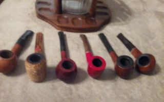 Vintage Walnut Wood Smoking Pipe Stand with humidor and 6 vintage Carved Pipes 3