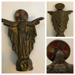 Vintage Jesus Christ Sacred Heart 4.  5 " Heavy Cast Iron Catholic Statue Italy