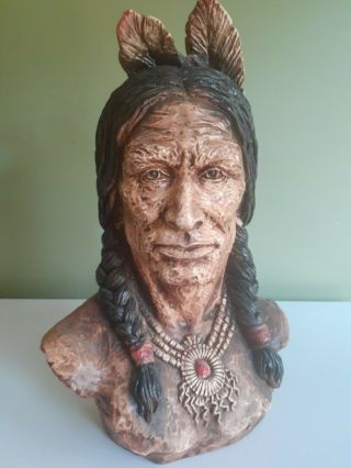 Vintage 20 Inch Ceramic Indian Native American Bust Statue Western