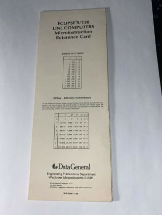 1978 Data General Eclipse Line Computers Reference Card
