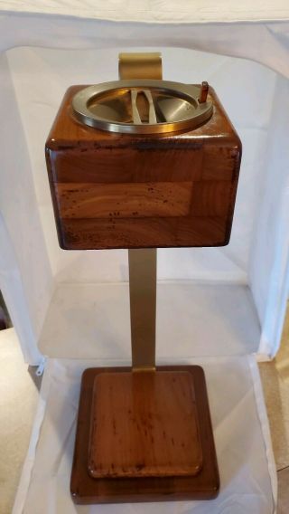 Antique Art Deco Wood And Metal Ash Tray Stand - Bakelite Press Knob - Automated