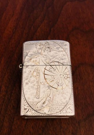 - Japanese Sterling Silver Cigarette Lighter: Engraved Design Of Geisha