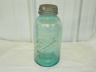 Vintage Ball Perfect Mason 1/2 Gallon Blue Glass Mason Jar W/ Zinc Porcelain Lid
