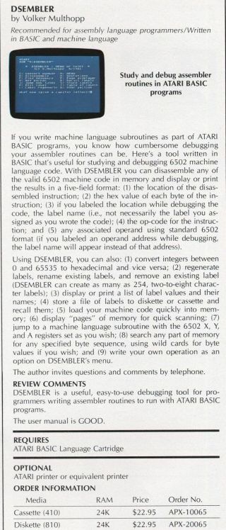 Dsembler Disk by APX for Atari 400/800 2