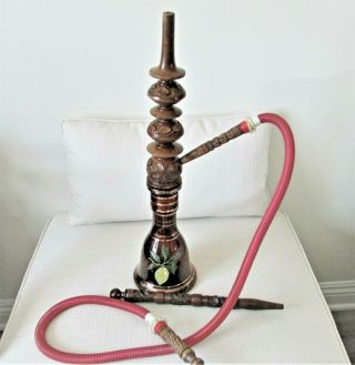 Rare Vintage Persian Hookah With Glass Base In Amber Color Hand Painted
