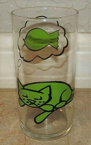 Vintage Libbey Funny Green Cat Cocktail Glass " Dreaming Of A Fish " Rare Euc