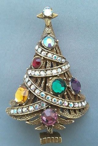 Vintage Gold Tone Rhinestone Christmas Tree Pin Brooch 2 - 1/4 " High