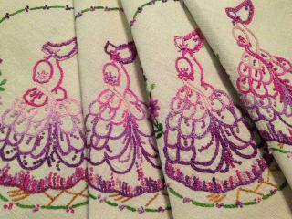 Vintage Hand Embroidered Tablecloth Exquisite Crinoline Ladies And Flowers
