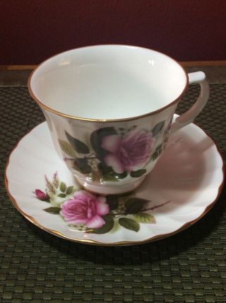 Vintage Lefton Bone China Pink Rose,  Tea Cup & Saucer England Gold Trim