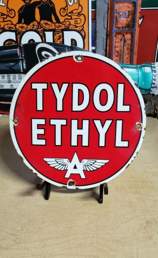 Tydol Ethyl Flying A Gasoline Porcelain 10 " Sign Gas Pump Plate Vintage