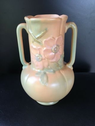 Vintage Weller Pottery Wild Rose Peach Green Floral Vase Double Handled Look