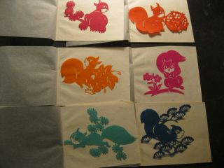 Set of 6 Vintage Chinese Paper Cuts Different Color Squirrels Animals w Envelope 2