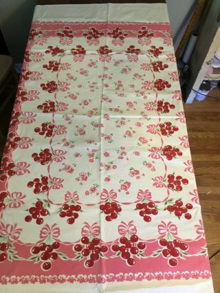 Pink Ribbons & Cherries Heavy Oilcloth Vintage Tablecloth 1950s