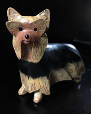 Vtg Carved Yorkshire Terrier Dog Statue Faux Wood Figurine Black & Tan Yorkie