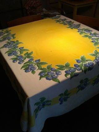 Large Vintage Tablecloth - Yellow Center With Blue Cherries 58 " X 112 "