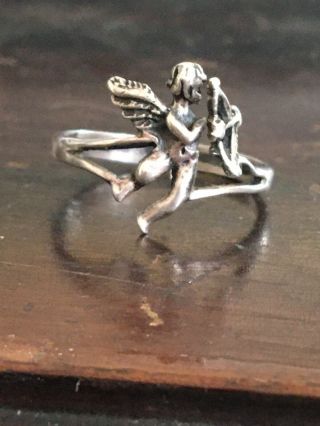 Vintage 925 Sterling Silver Cupid With Bow And Arrow Ring Size 7.  5,  2g