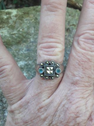 Vintage Sterling Silver Marcasite And Aquamarine Ring Size 7