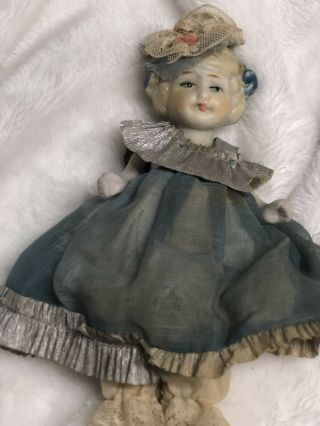 Vintage Porcelain Bisque Jointed Baby 6 " Girl Doll Made In Japan Blue Dress
