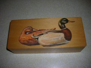 Vintage Dovetail Wood Box With Mallard Duck Decoy Image On Top Of Box