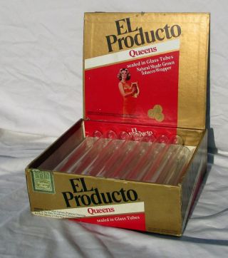 Vintage El Producto Cigar Box With 25 Glass Tubes Queens Rare