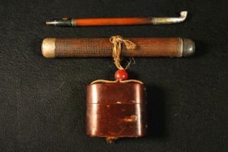 Vintage Japanese Kiseru Pipe W Pipe & Tobacco Case & Wood Matches Stash