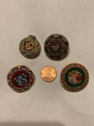 4 Vintage Italian Micro Mosaic Brooch Pin Round Shaped Old Macrame