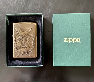 Rare 1997 Solid Brass Indian Head Zippo Lighter,  Unfired In