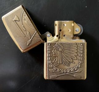 RARE 1997 SOLID BRASS INDIAN HEAD ZIPPO LIGHTER,  UNFIRED IN 3