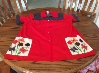 Vintage Shirt Style Smock Apron,  Red & Navy With Tulips & Butterflies