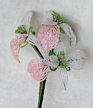 Vintage Handmade French Beaded Flower Iridescent 10 " Pink Tropical Lily,  Triple