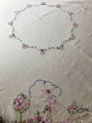 Vintage Embroidered Crinoline Lady Tablecloths With Napkin.