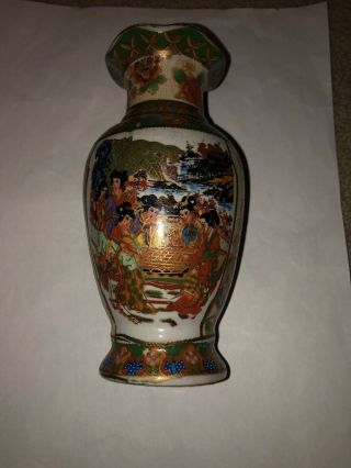 Antique Asian Themed Flower Vase 6”tall Vintage Old Hand Painted? Detailed